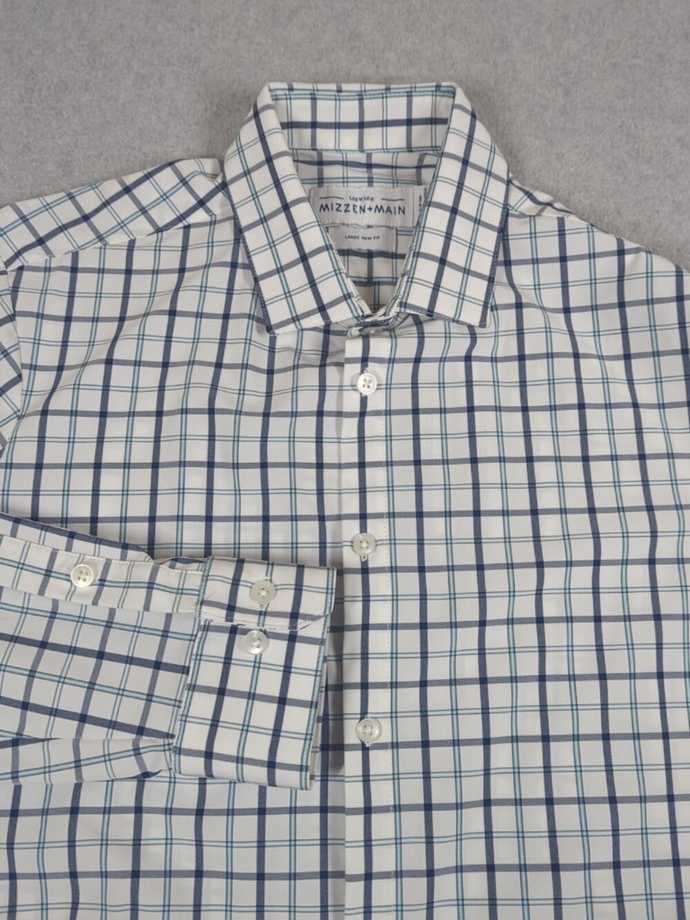 Mizzen Main Leeward Shirt Mens Large White Plaid Trim Fit Stretch Performance